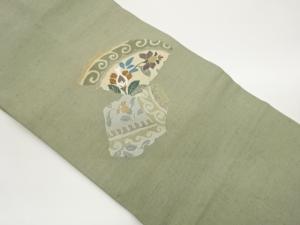 手織り紬銀通し草花に抽象唐草模様刺繍名古屋帯